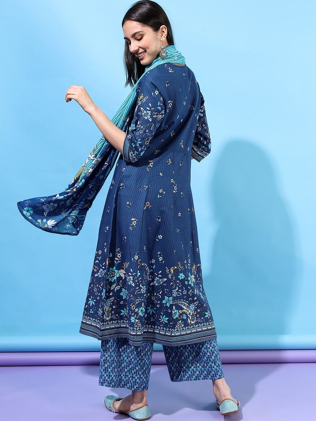 Vishudh Women Blue Ethnic Motifs  High Slit Pure Kurta With Palazzo & With Dupatta
