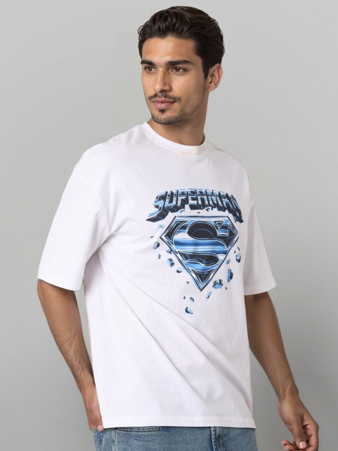 The Indian Garage Co Men Superman Graphic Printed Round Neck Cotton Oversized T-shirt