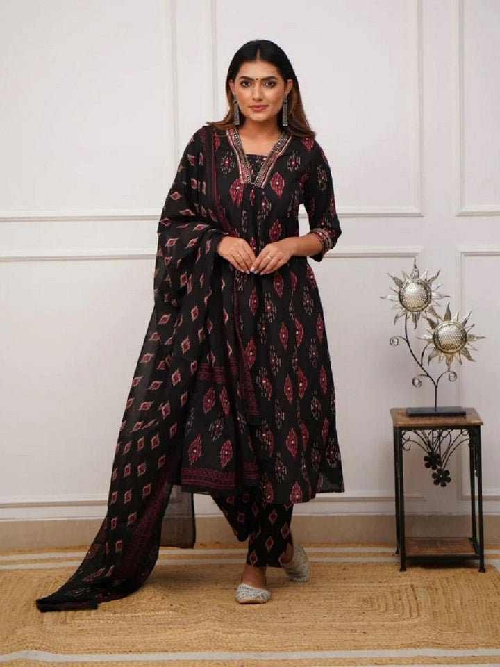KALINI Printed V-Neck Kurta with Trousers & Dupatta