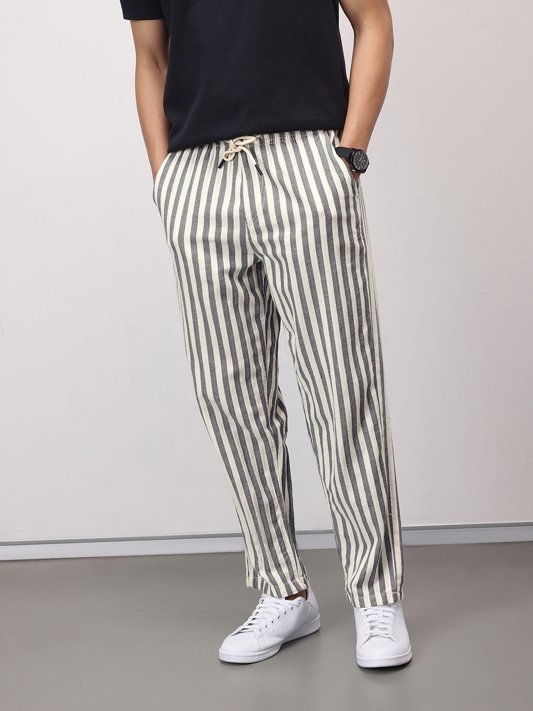 ether Zen Men Striped Cotton Linen Chinos Trousers