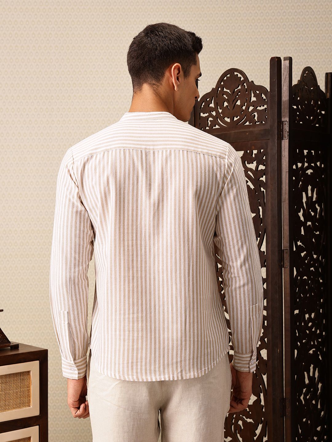 House of Pataudi Striped Band Collar Rozana Kurta