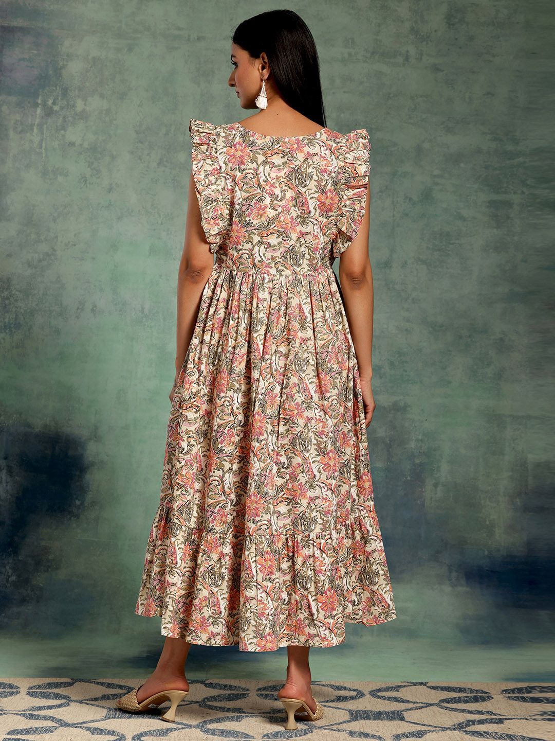 Libas White Floral Printed Flutter Sleeve Gathered Empire Cotton Midi Dress
