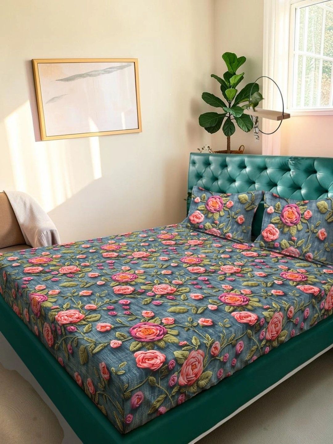Moda Rapido X KLOTTHE Turquoise Blue & Pink Floral 300 TC King Cadar dengan 2 Sarung Bantal