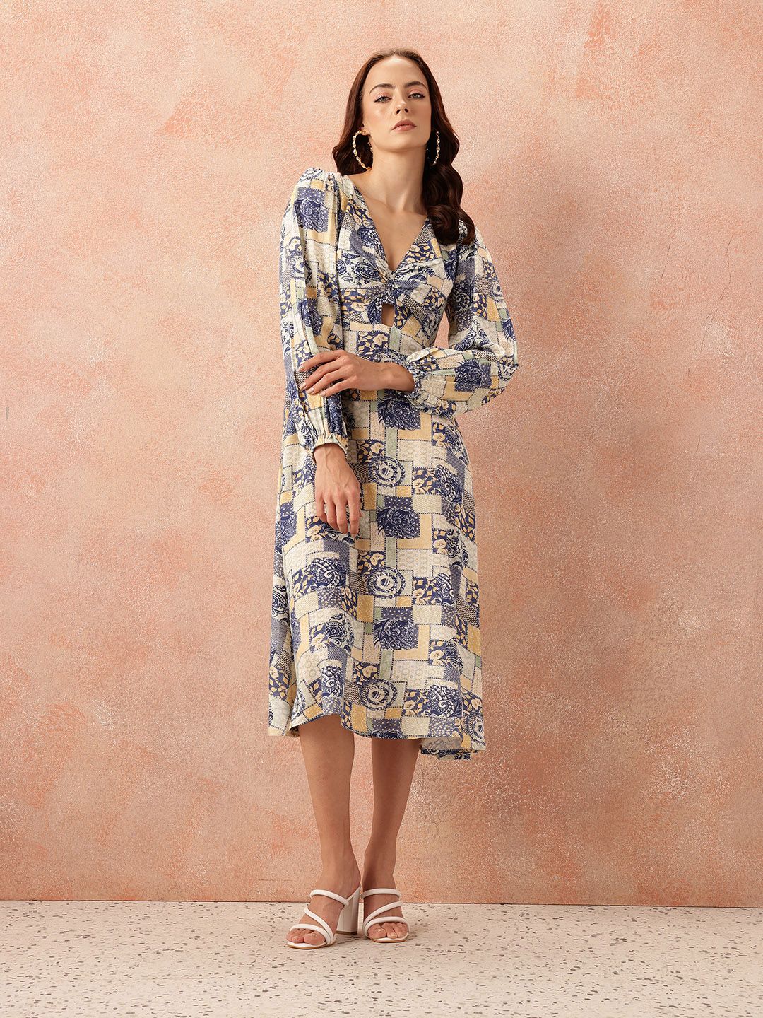 Semua Mengenai Anda Cetak Pakaian Midi A-Line Pure Cut-Out