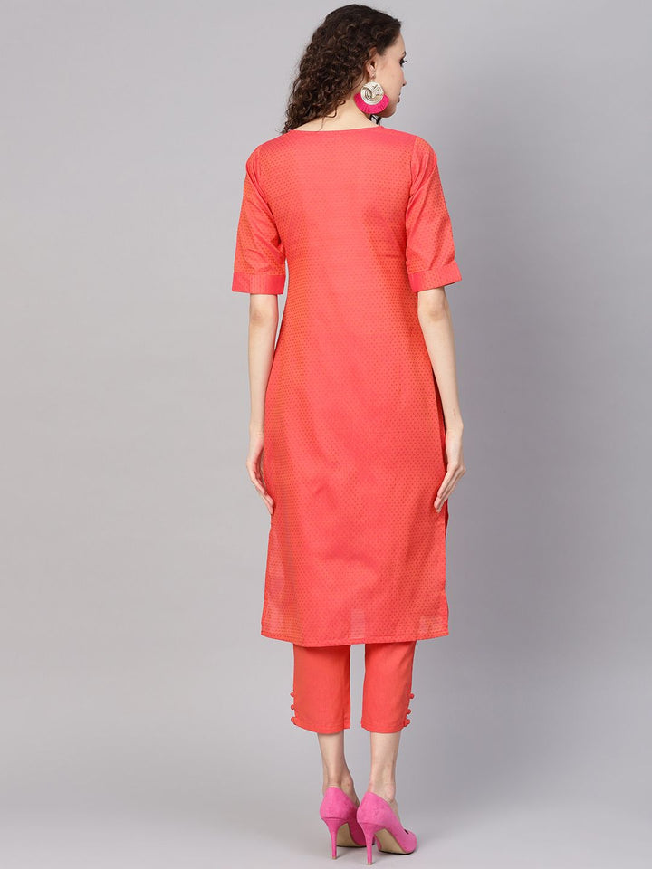 Gerua By Libas Women Coral Red  Pink Self Design Kurta with Trousers