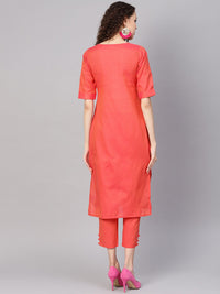 Gerua By Libas Women Coral Red  Pink Self Design Kurta with Trousers