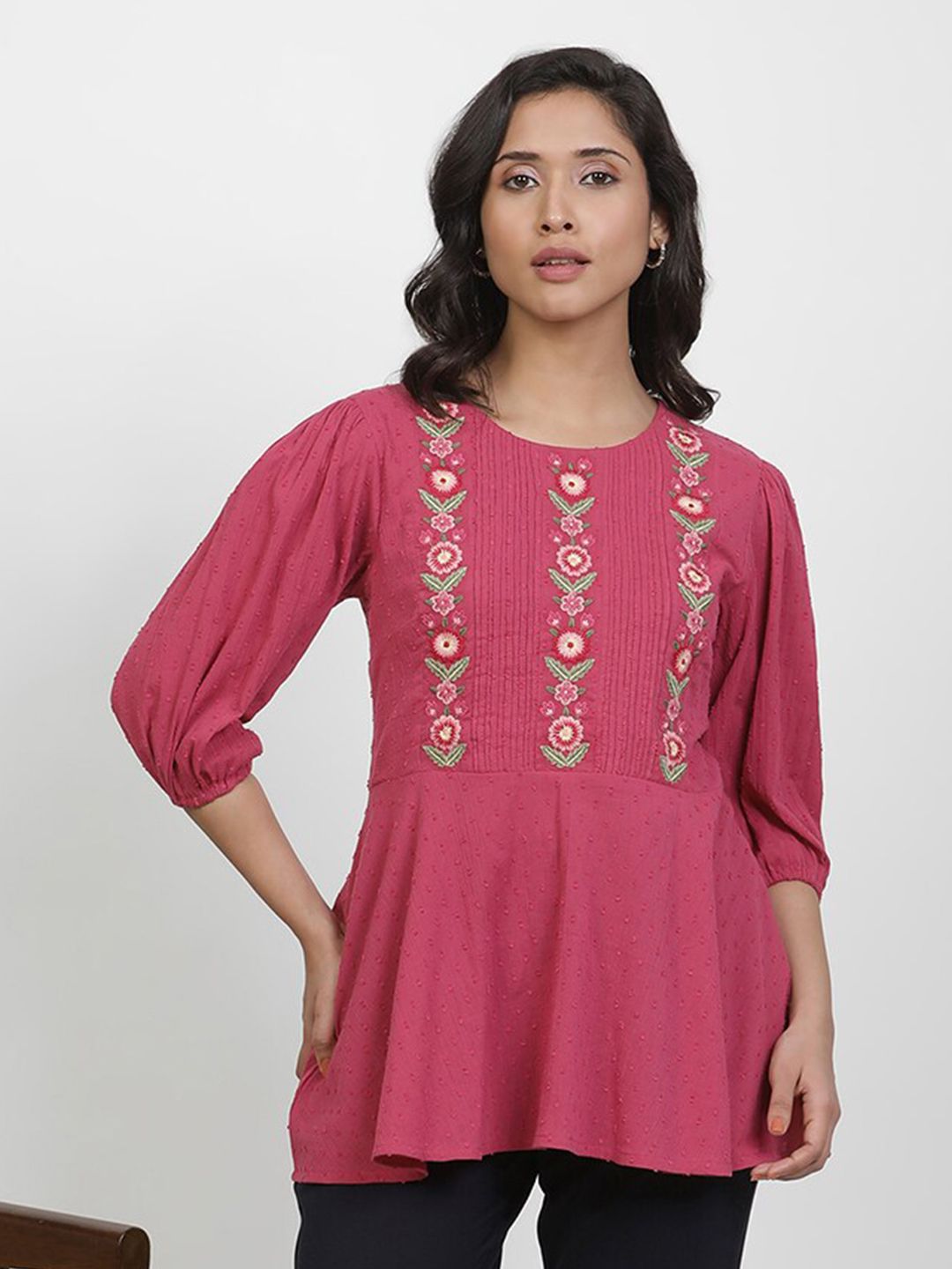W Floral Embroidered Puffed Sleeves Pure Cotton Longline A-Line Top