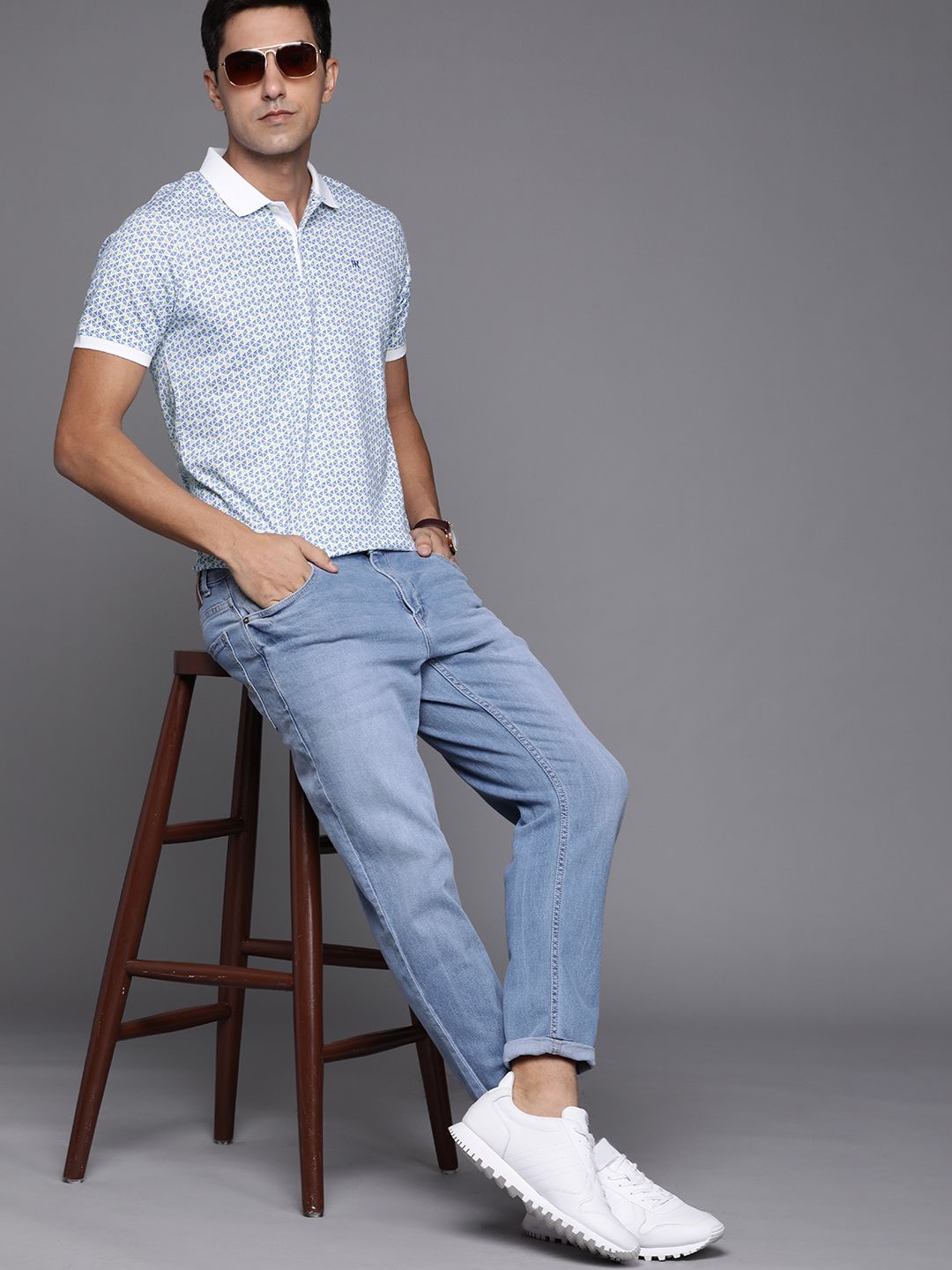 Raymond Men Blue & White Printed Polo Collar T-shirt