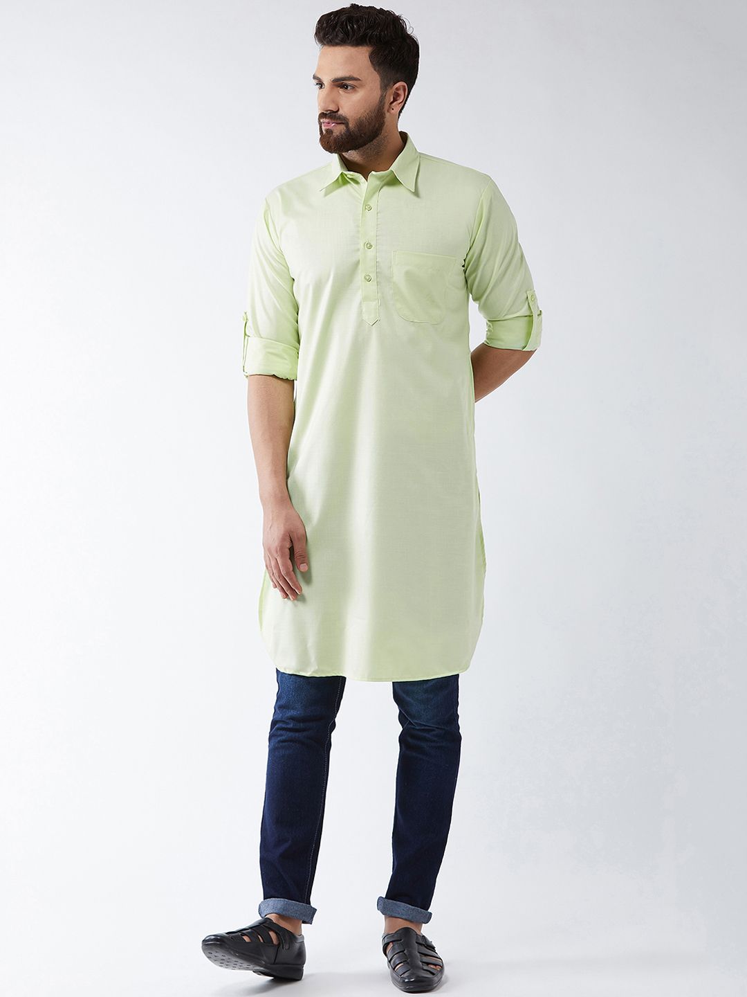 SOJANYA Men Green Solid Straight Kurta