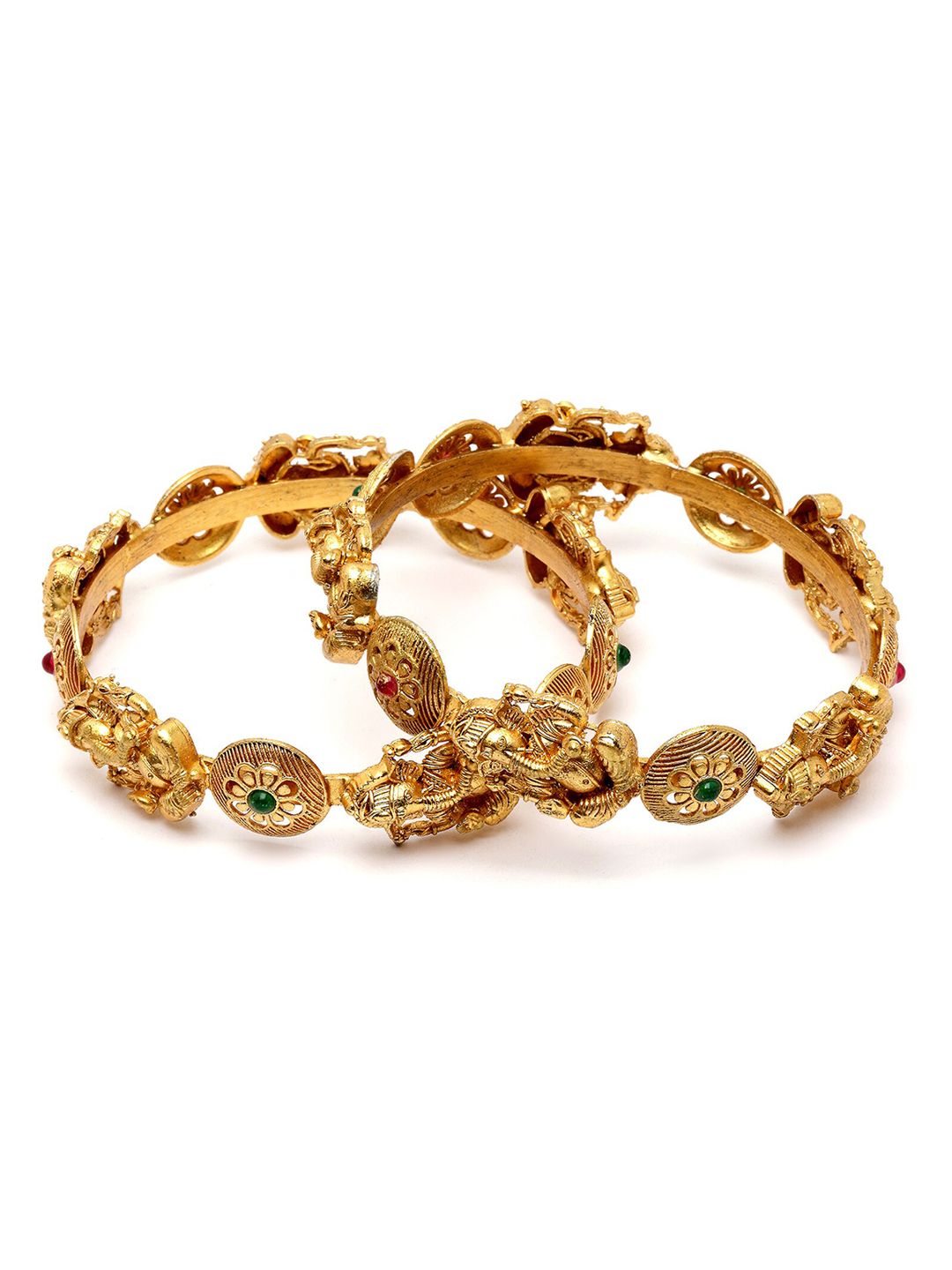 KARATCART Set Of 2 Gold-Plated Stone Studded Lord Ganesha Temple Bangles