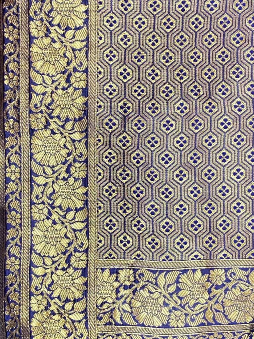 KALINI Navy Blue & Gold-Toned Woven Design Zari Silk Blend Fusion Banarasi Saree