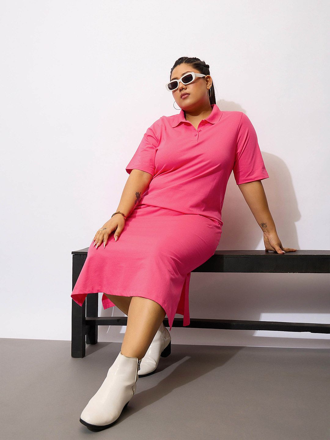 SASSAFRAS Curve Plus Size Polo Neck T Shirt Pure Cotton Midi Dress