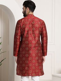 SOJANYA Floral Woven Design Mandarin Collar Silk Cotton Kurta
