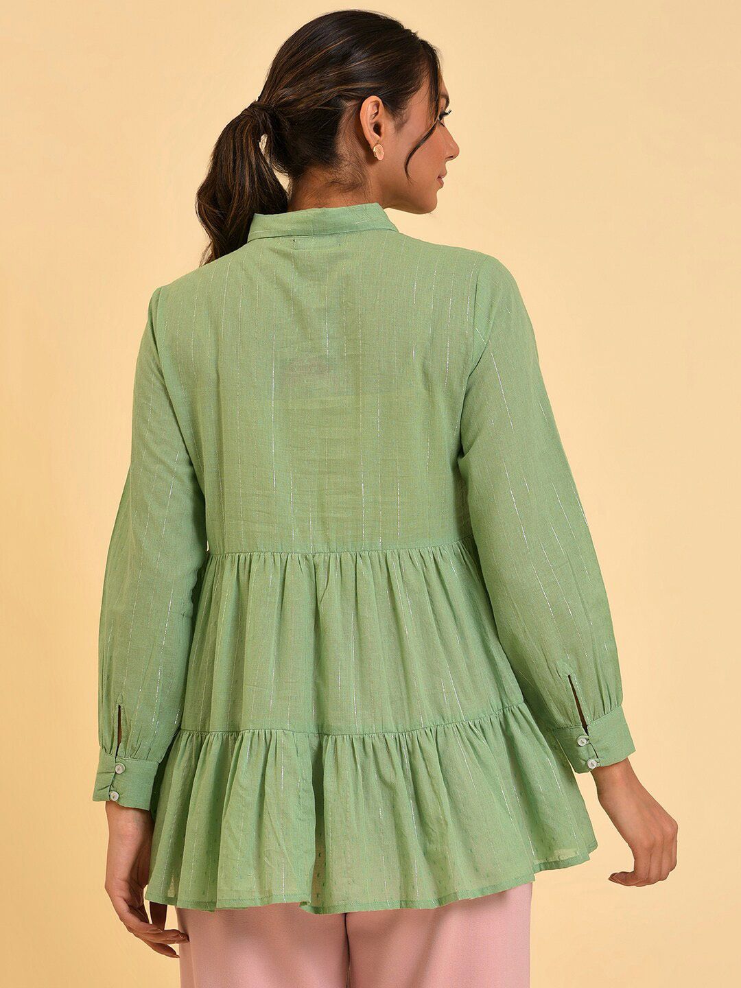 W Green Floral Printed Cotton Shirt Style Top