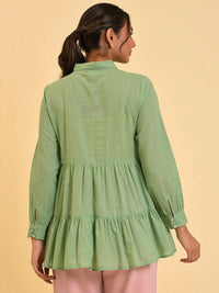 W Green Floral Printed Cotton Shirt Style Top