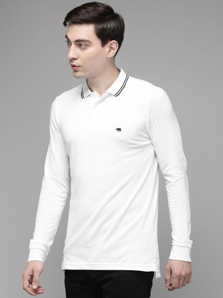 THE BEAR HOUSE Men White OverDyed Pure Cotton Polo Collar Slim Fit T-shirt