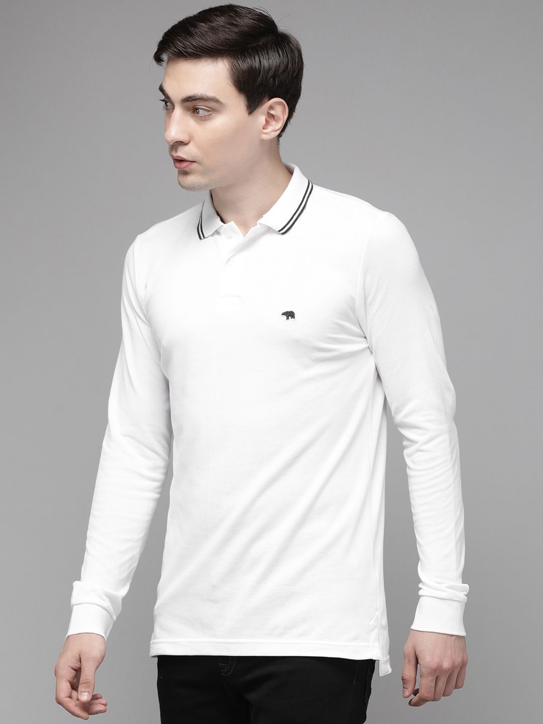 THE BEAR HOUSE Men White OverDyed Pure Cotton Polo Collar Slim Fit T-shirt