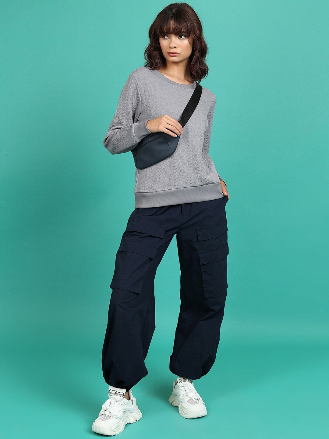 Tokyo Talkies Grey Self Design Long Sleeves Pullover