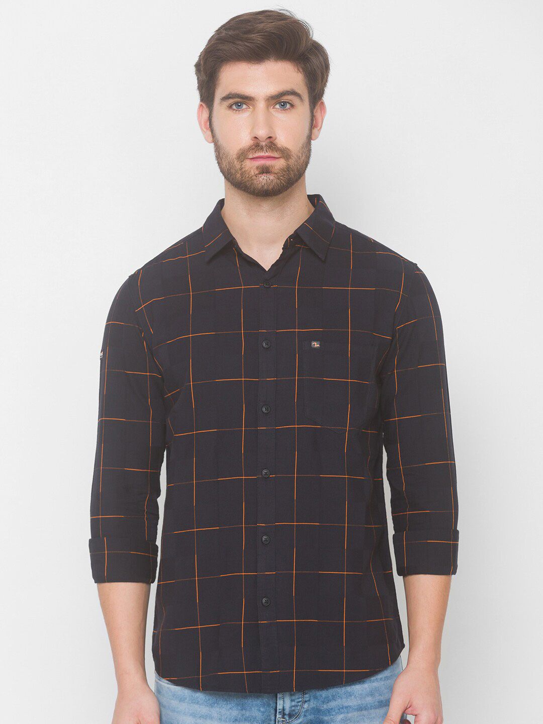 SPYKAR Men Black Windowpane Checks Checked Pure Cotton Casual Shirt