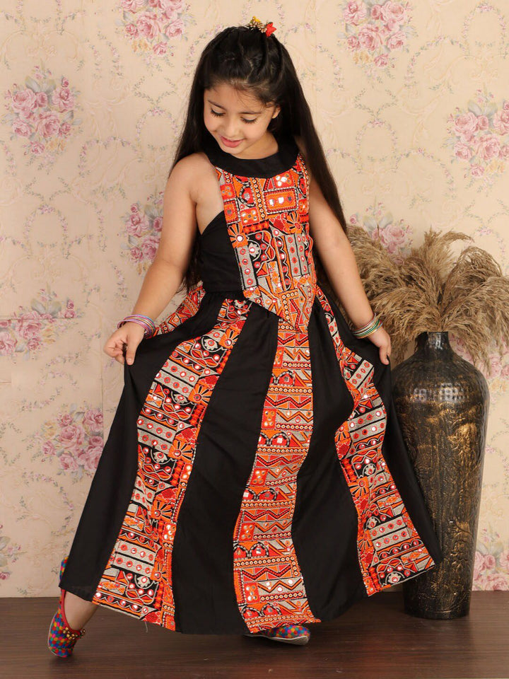 VASTRAMAY Girls Black & Orange Embroidered Patchwork Ready to Wear Lehenga Set