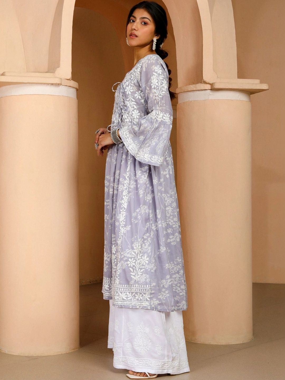 Rumah Wanita Chikankari Lengan Loceng Sulam Bunga Chikankari Kurta