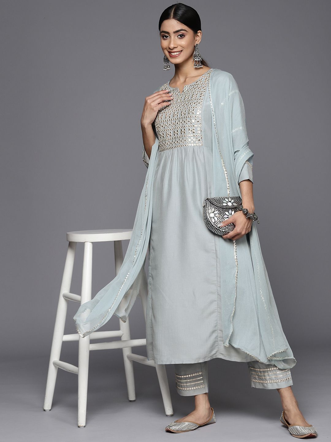 Varanga Embroidered Empire Mirror Work Kurta With Trousers & With Dupatta