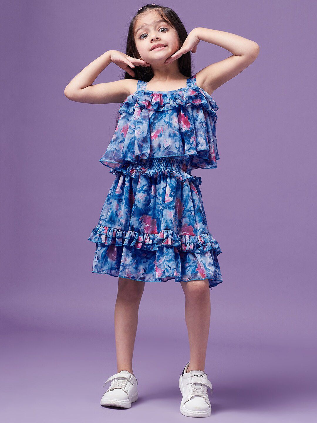 pspeaches Girls Floral Printed Ruffled Chiffon Fit & Flare Dress