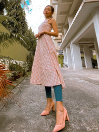 Shae by SASSAFRAS Women Peach-Coloured & White Printed A-Line Kurta