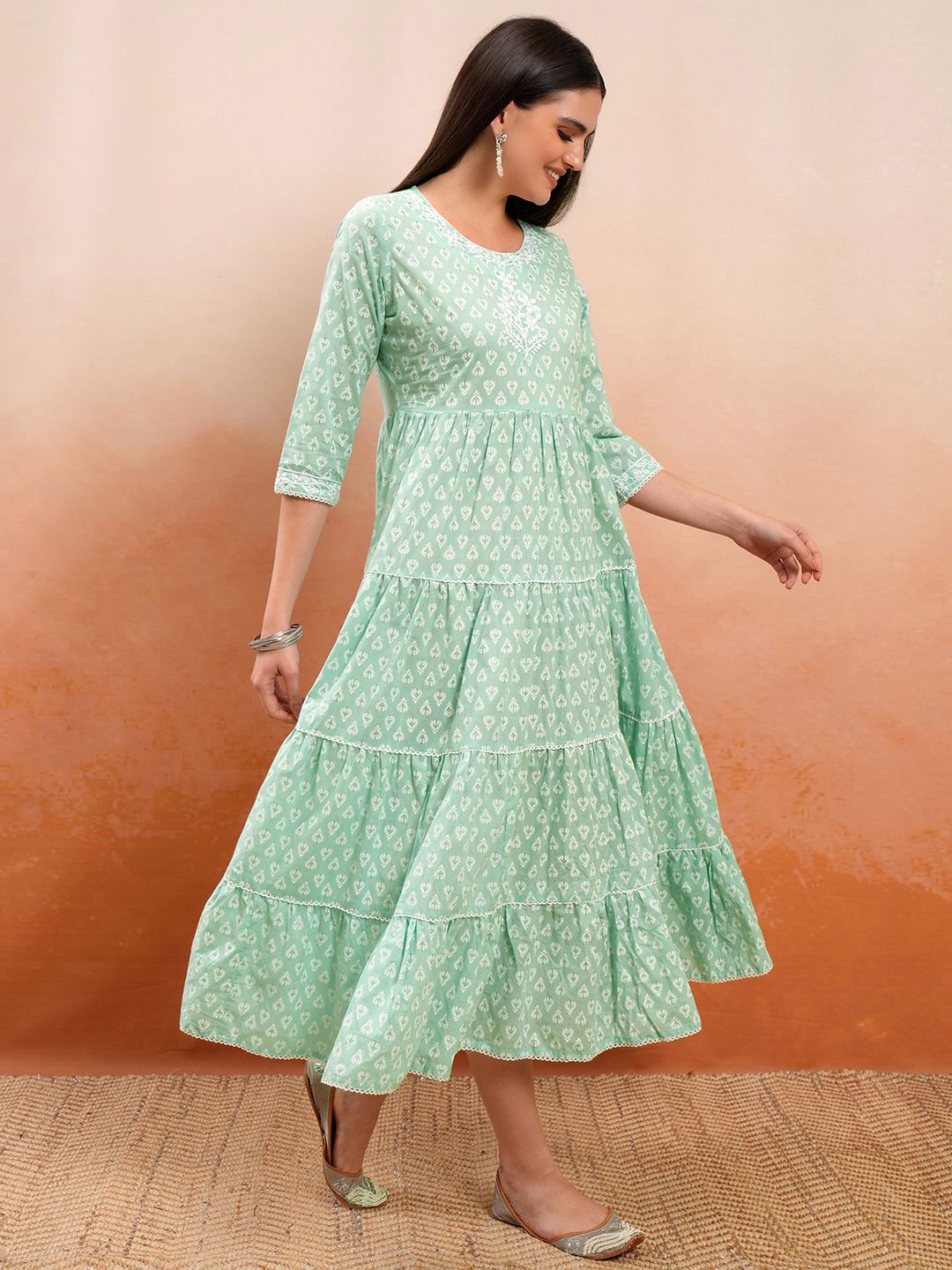 Vishudh Women Floral Embroidered Cotton A-Line Midi Dress