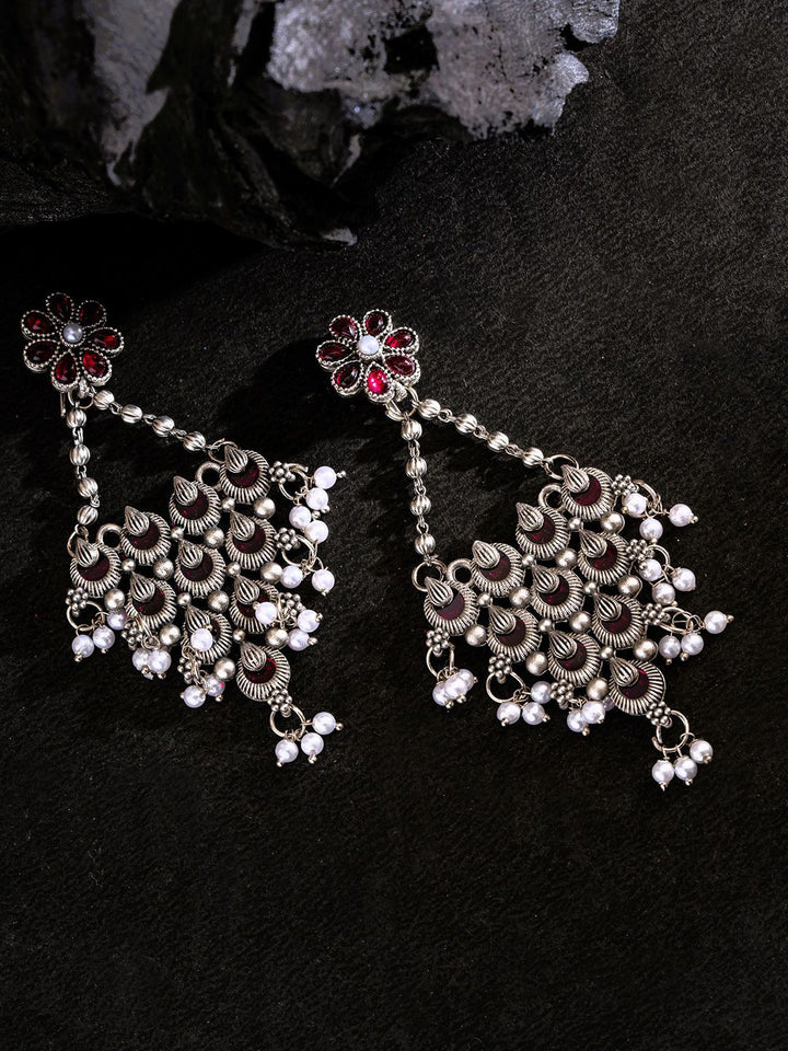 PANASH Silver-Plated Stones Studded And Beaded Contemporary Shaped Oxidized Drop Earrings