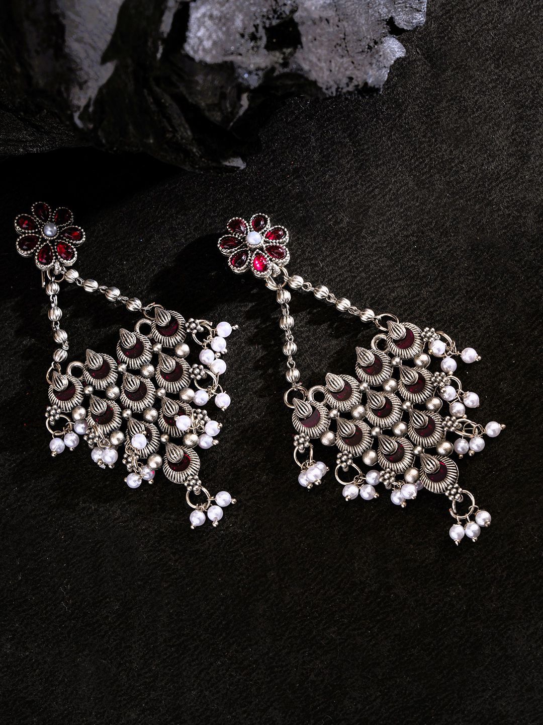 PANASH Silver-Plated Stones Studded And Beaded Contemporary Shaped Oxidized Drop Earrings