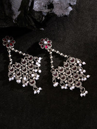 PANASH Silver-Plated Stones Studded And Beaded Contemporary Shaped Oxidized Drop Earrings