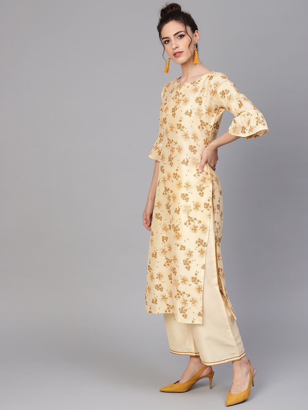 Gerua By Libas Women Cream-Coloured  Brown Block Print Kurta with Palazzos