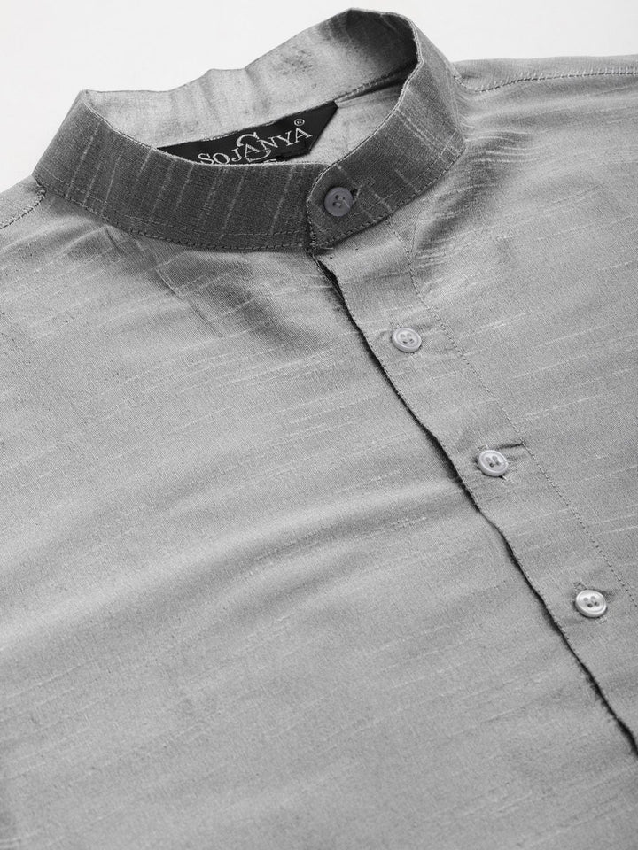 SOJANYA Men Grey Melange Solid Kurta Set With Printed Jacket