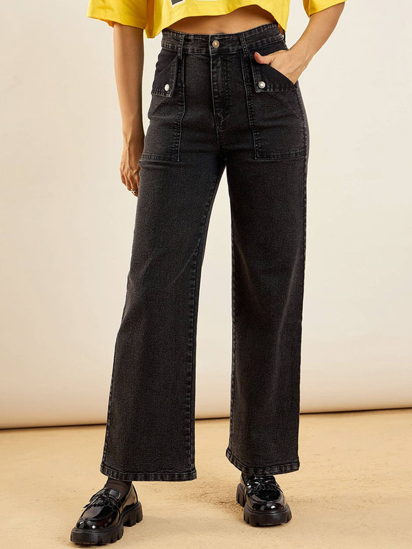 SASSAFRAS Women Straight Fit High-Rise Clean Look Acid Wash Stretchable Jeans