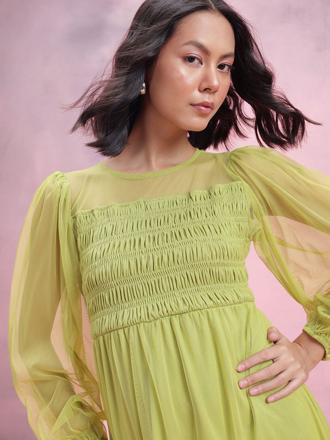 DressBerry Puff Sleeve Net Smocked A-Line Midi Dress