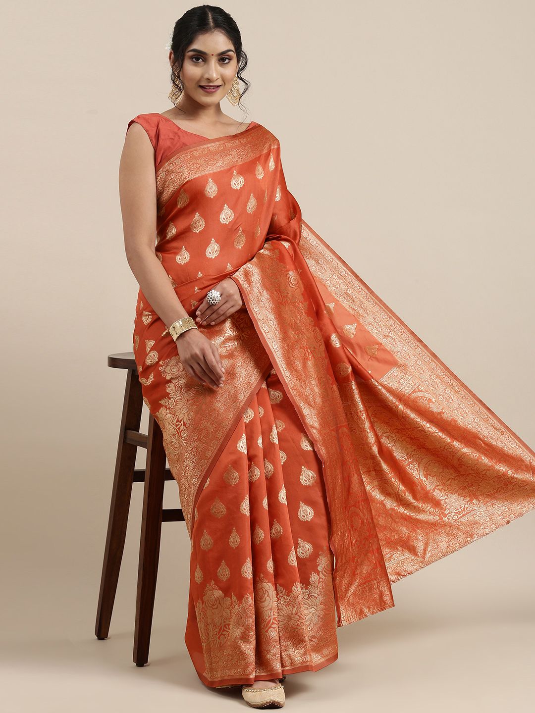 Saree mall Orange Ethnic Motifs Silk Blend Banarasi Saree