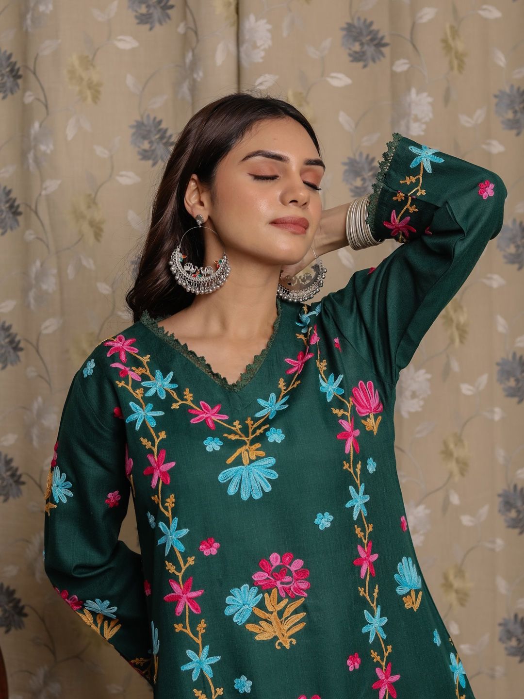 HOUSE OF KARI Floral Embroidered Pastels Cotton Straight Kurta