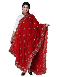 Exotic India Garnet Velvet Dupatta with Embroidered Flowers and Sequins
