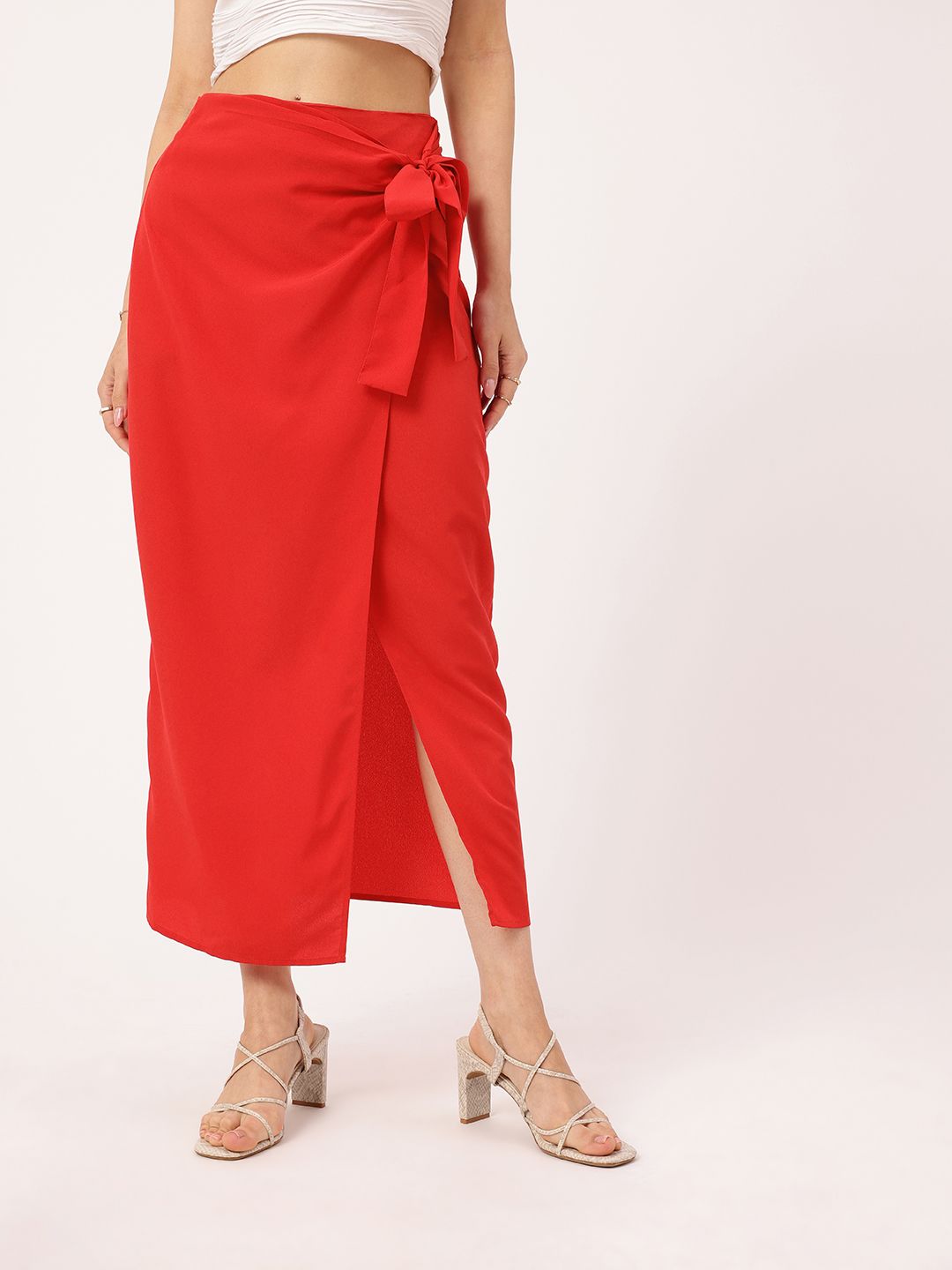 DressBerry Women Coquette Bow Front Slit Wrap Midi Skirt