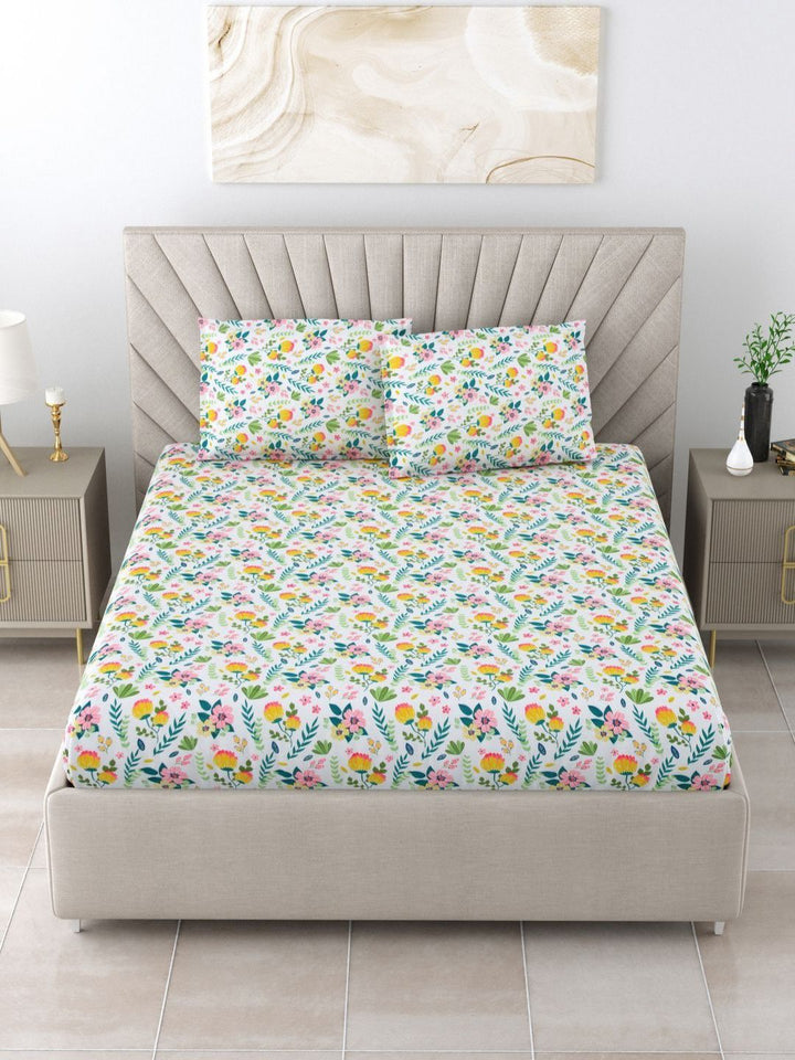 BOMBAY DYEING Dream Lover Green Floral Cotton 104 TC Queen Bedsheet Set 2.54 x 2.24m