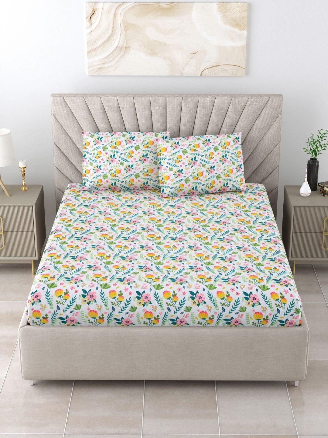 BOMBAY DYEING Dream Lover Green Floral Cotton 104 TC Queen Bedsheet Set 2.54 x 2.24m