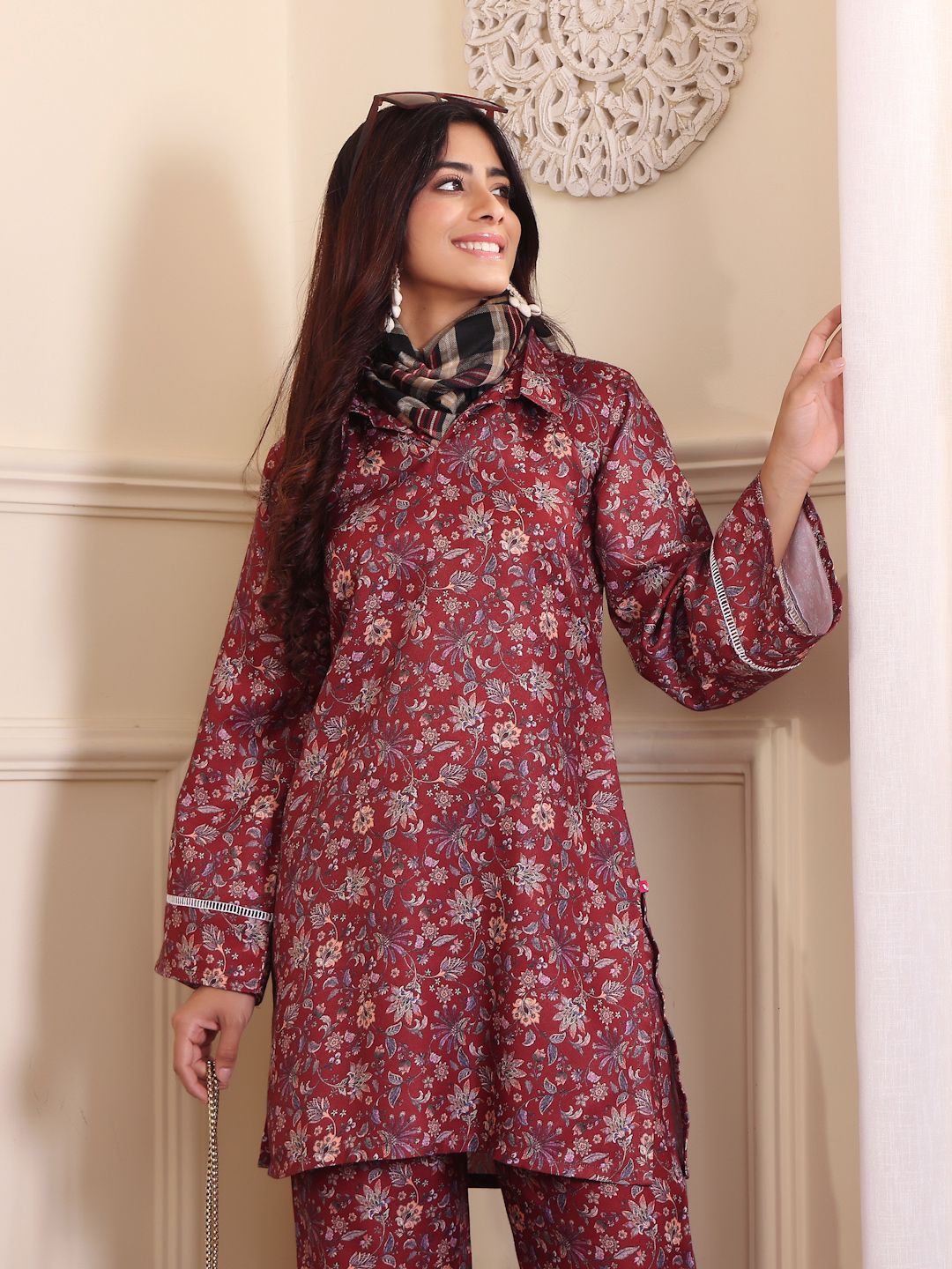 Varanga Floral Printed Shirt Collar Flared Sleeves Casual Tunic With Trousers