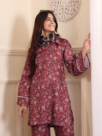 Varanga Floral Printed Shirt Collar Flared Sleeves Casual Tunic With Trousers