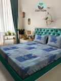 KLOTTHE Blue Geometric Printed 400TC Pure Cotton Double King Bedsheet & Pillow Covers