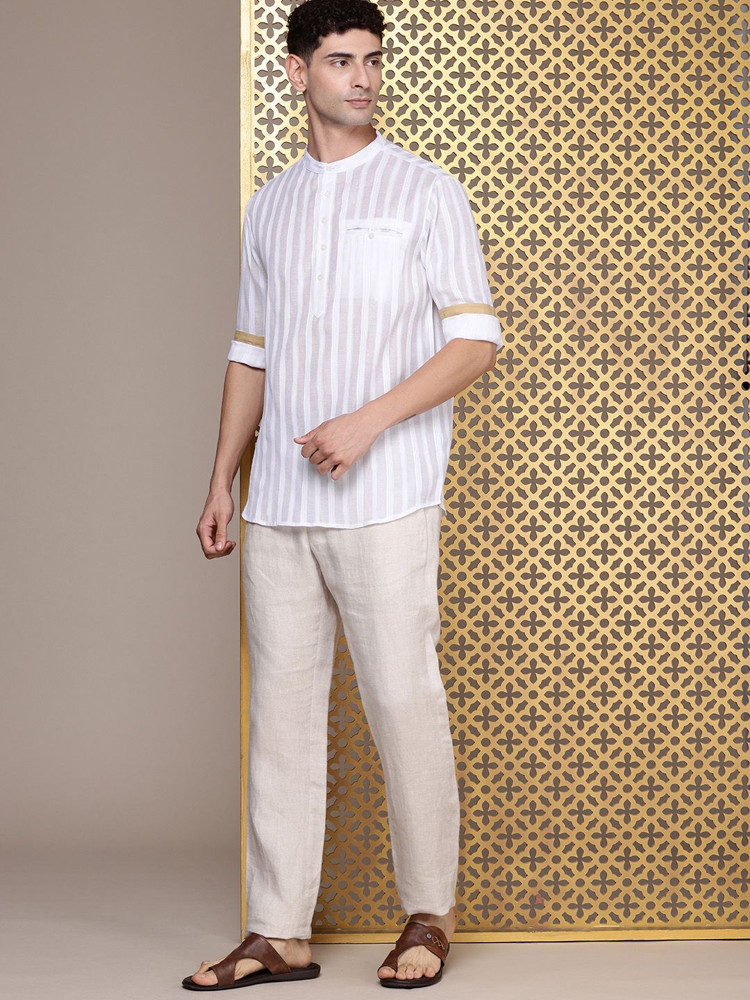 House of Pataudi Band Collar Striped Rozana Kurta