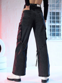 SASSAFRAS Women Black Straight Fit High-Rise Stretchable Cargo Jeans