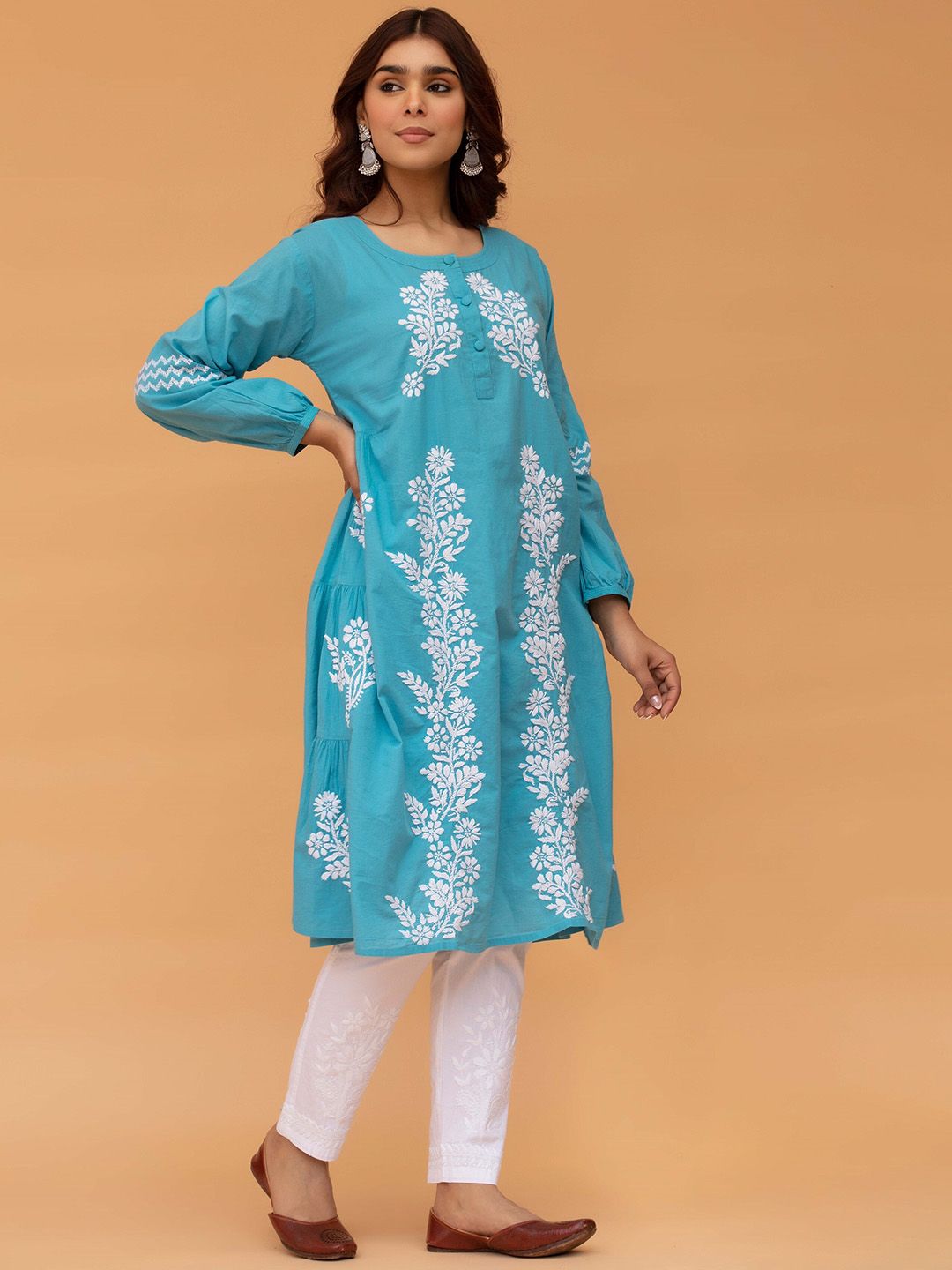 HOUSE OF KARI Floral Embroidered Thread Work Cotton A-Line Kurta