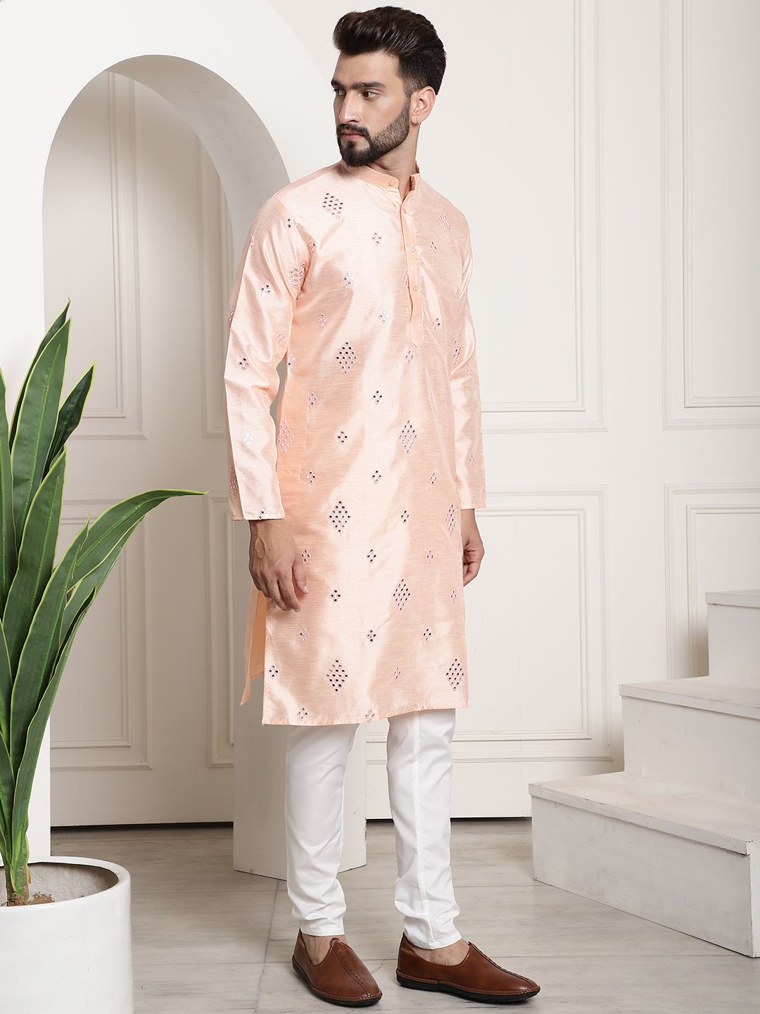 SOJANYA Mandarin Collar Regular Mirror Work Kurta with Pyjamas