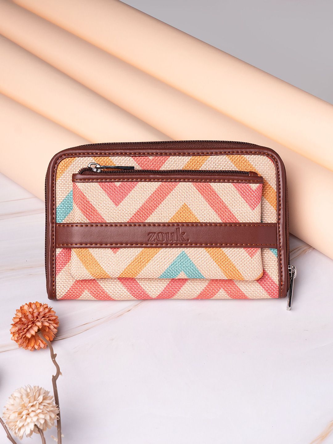 ZOUK Women Cream-Coloured & Pink Printed Vegan Leather Zip Around Wallet